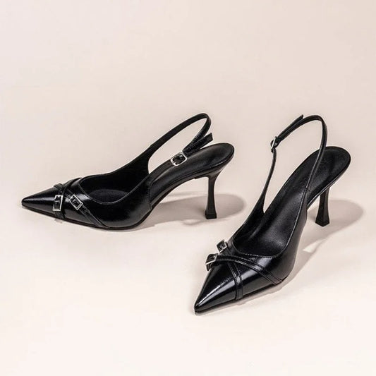 Bella Walk Black Buckle Pointed-Toe Stiletto Heels