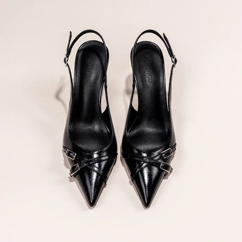 Bella Walk Black Buckle Pointed-Toe Stiletto Heels