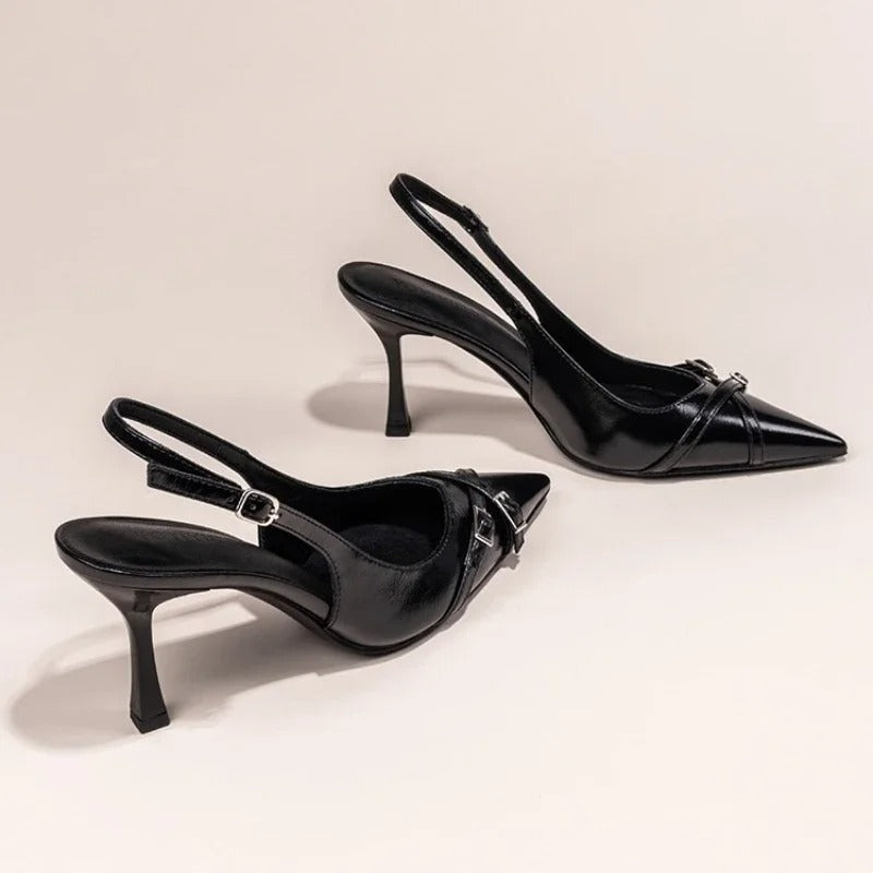 Bella Walk Black Buckle Pointed-Toe Stiletto Heels