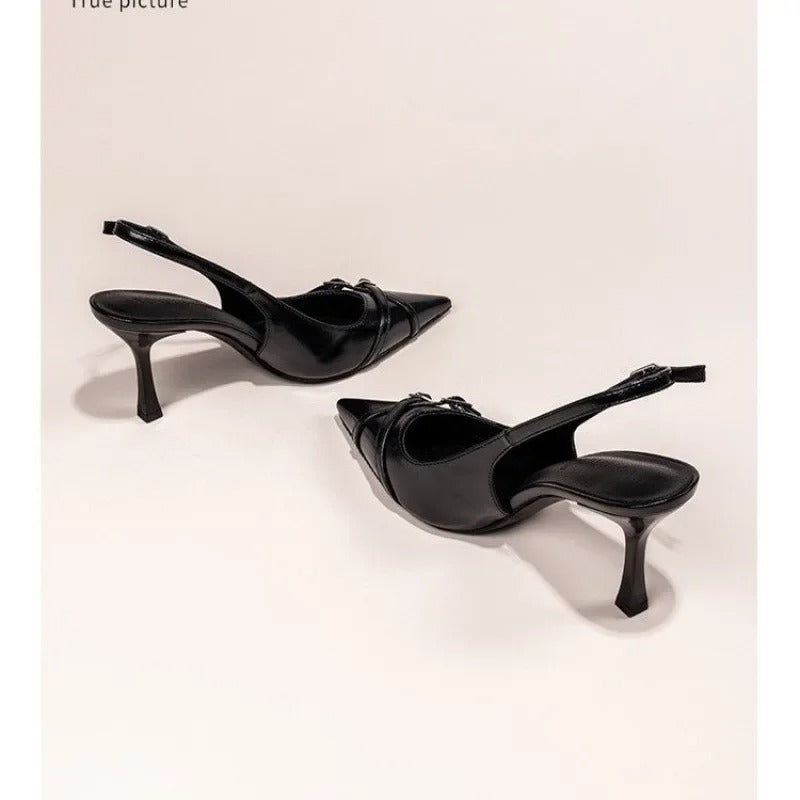 Bella Walk Black Buckle Pointed-Toe Stiletto Heels