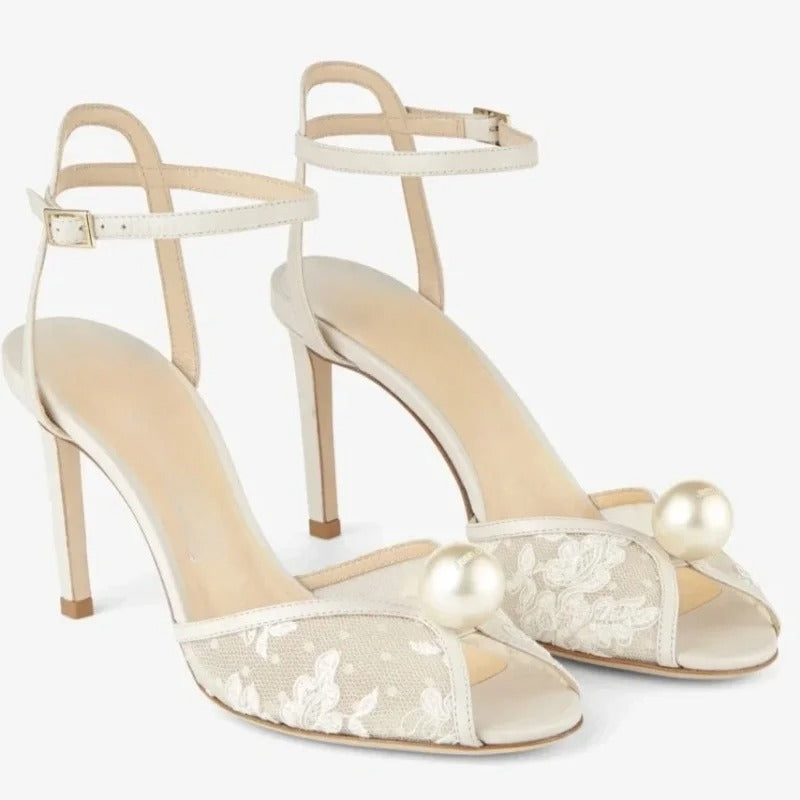 Bella Walk White Pearl Mesh Stiletto Sandals