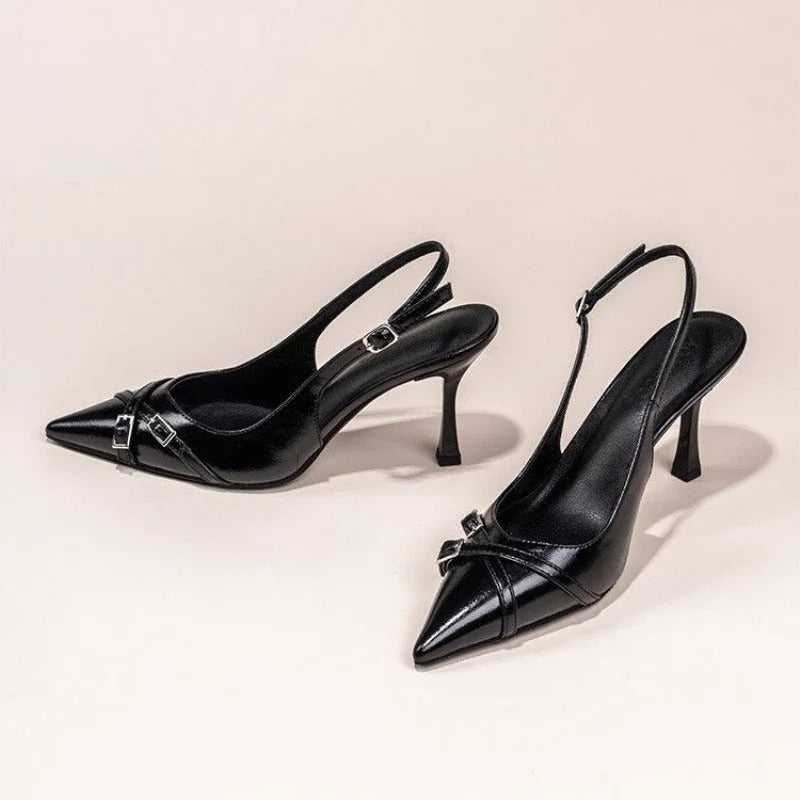 Bella Walk Black Buckle Pointed-Toe Stiletto Heels